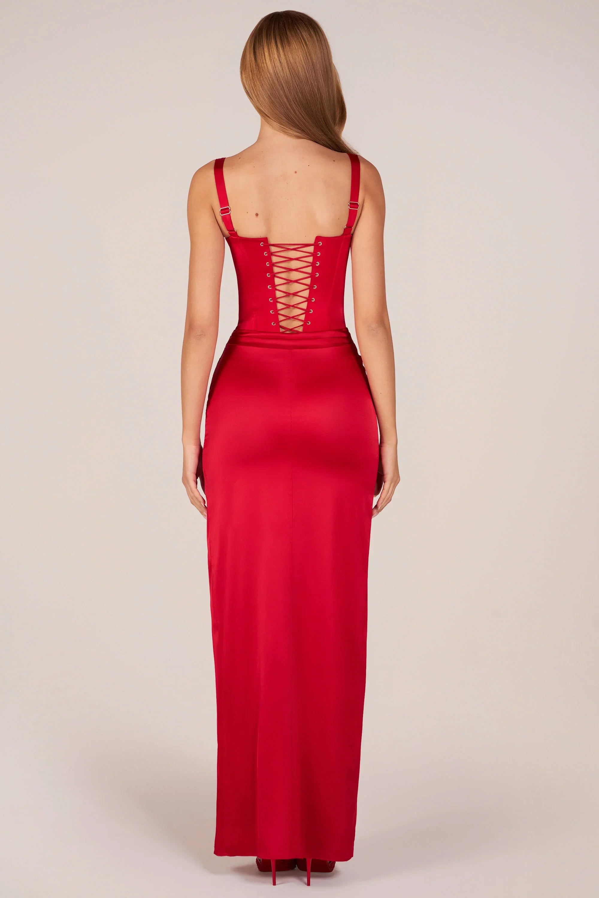Corseted Thigh High Split Maxi Dress in Rose Red