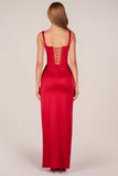 Corseted Thigh High Split Maxi Dress in Rose Red