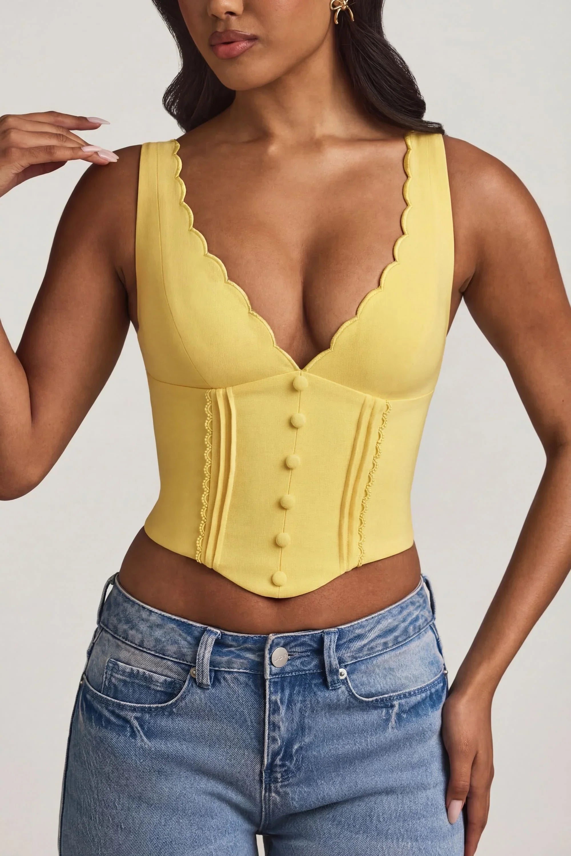 Plunge Neck Scalloped Corset Top in Pastel Yellow