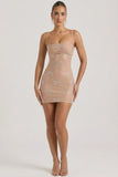 Embellished Bow Detail Mini Dress in Almond