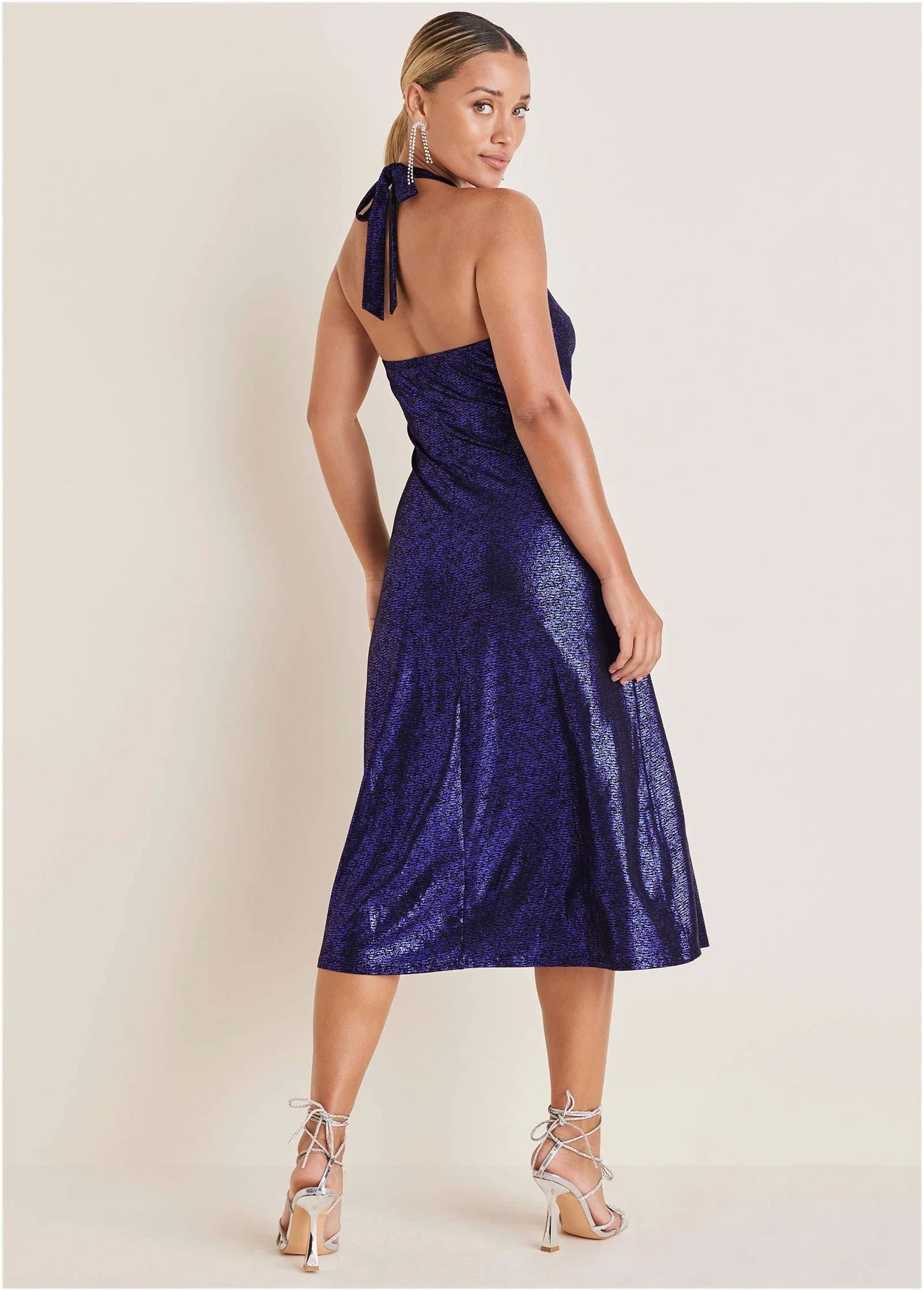 Metallic Halter Midi Dress Deep Blue