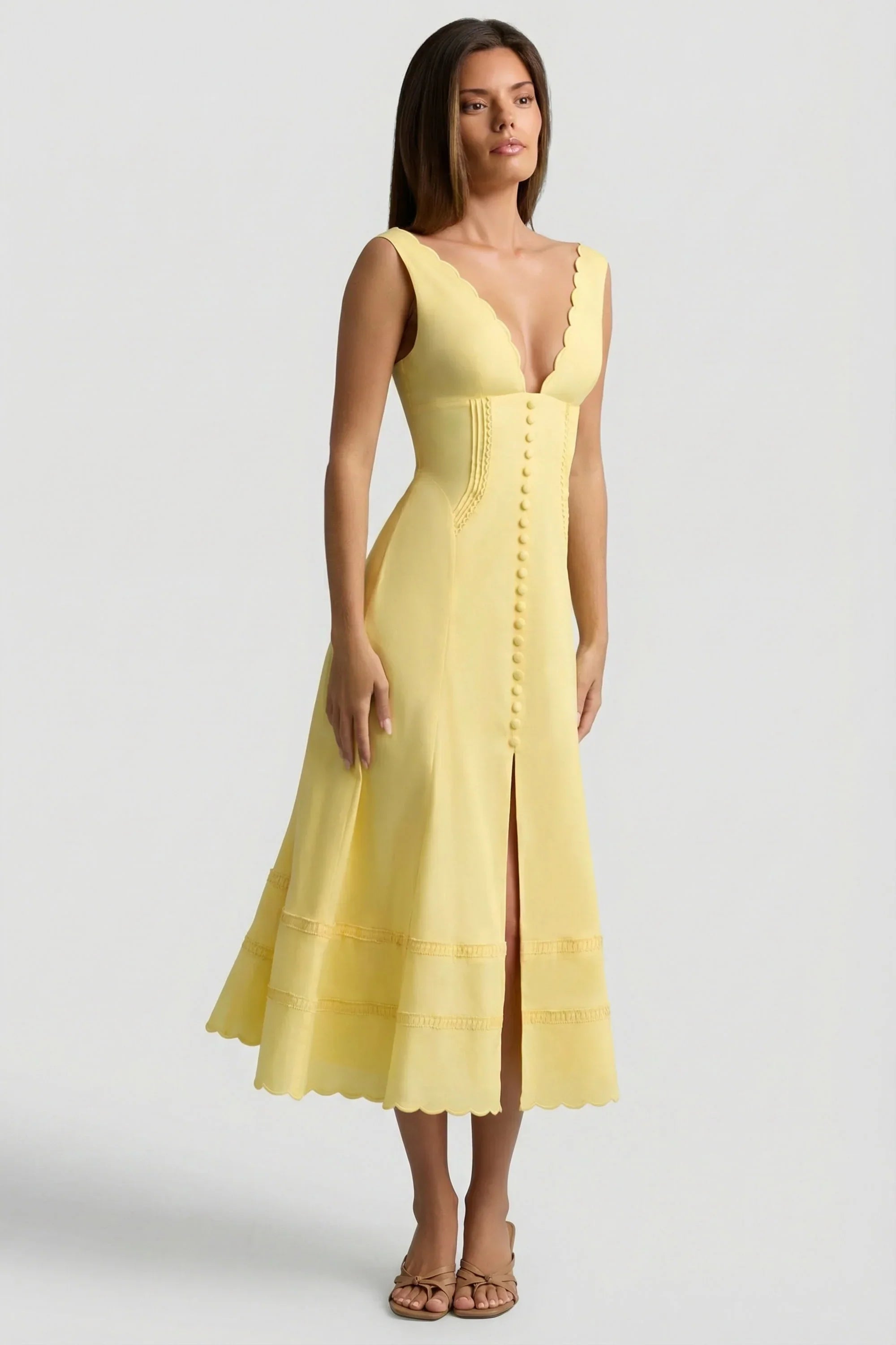 Cotton Poplin A Line Midaxi Dress in Pastel Yellow