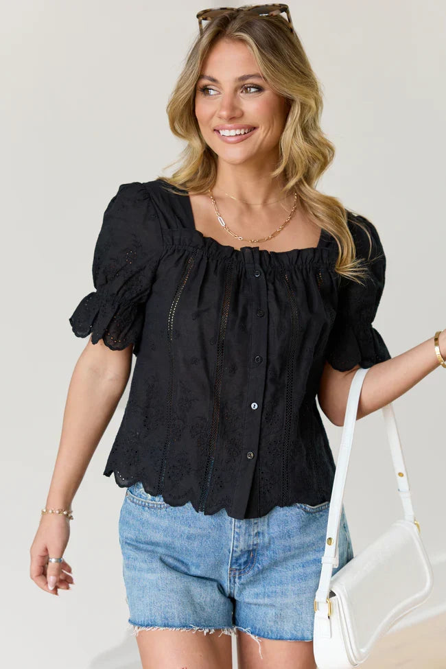Michelle Black Eyelet Puff Sleeve Top