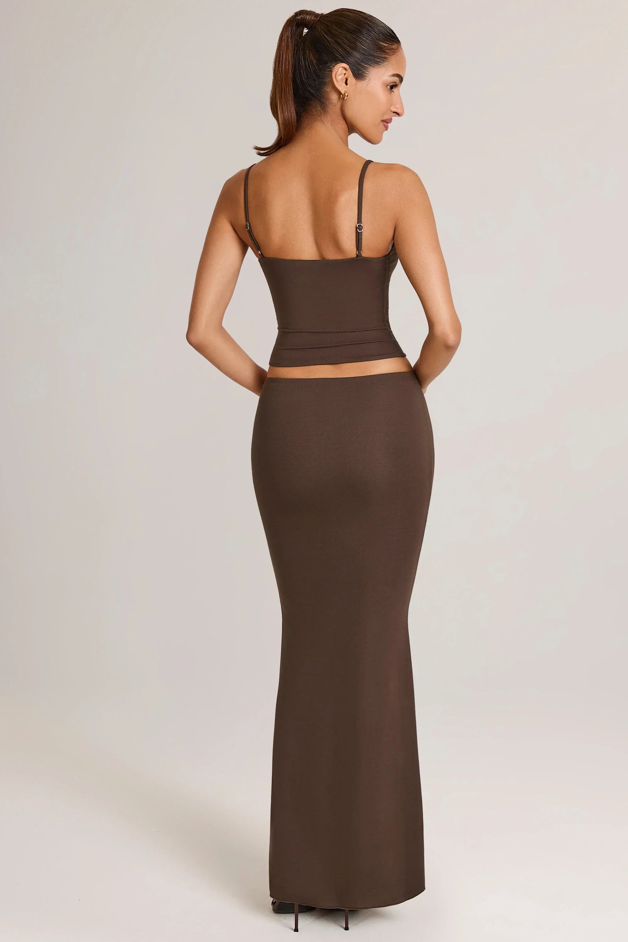 Modal Mid Rise Fishtail Maxi Skirt in Chocolate Brown