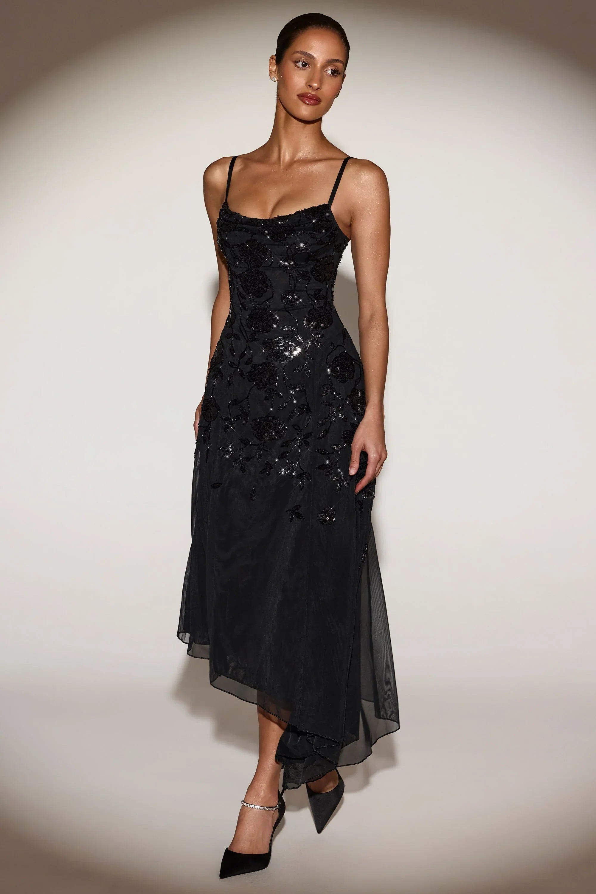Embellished Soft Scoop Asymmetric Midaxi Dress in Black