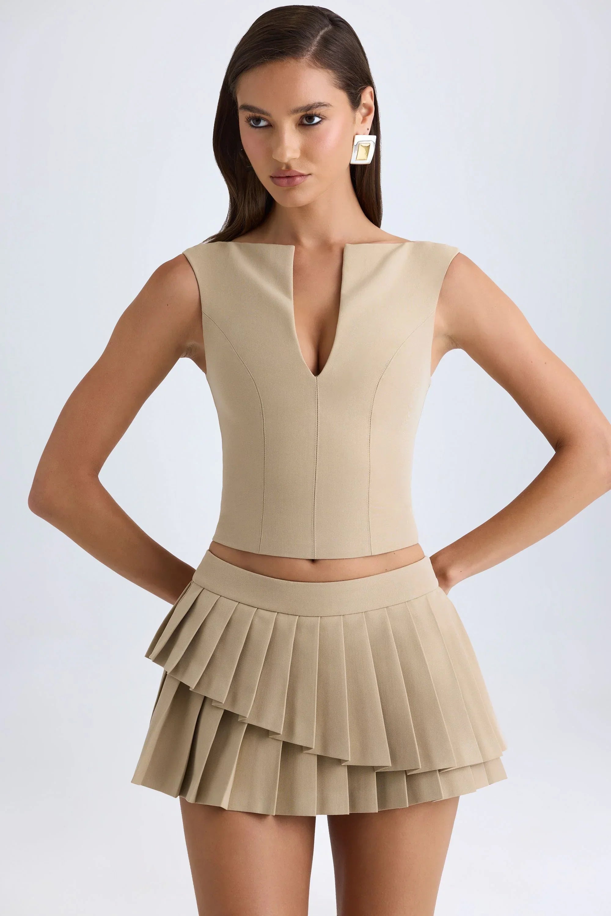 Layered Pleated Low Rise Mini Skirt in Camel