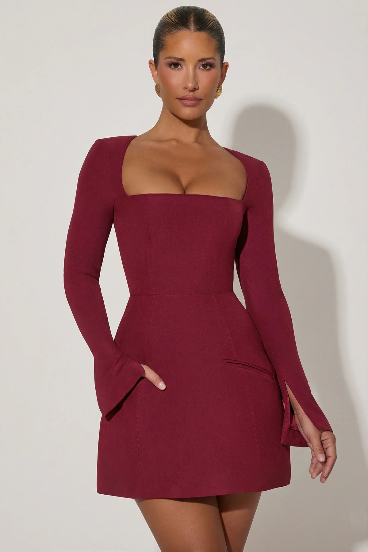 Square Neck Structured Tulip Mini Dress in Wine Red