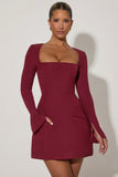 Square Neck Structured Tulip Mini Dress in Wine Red
