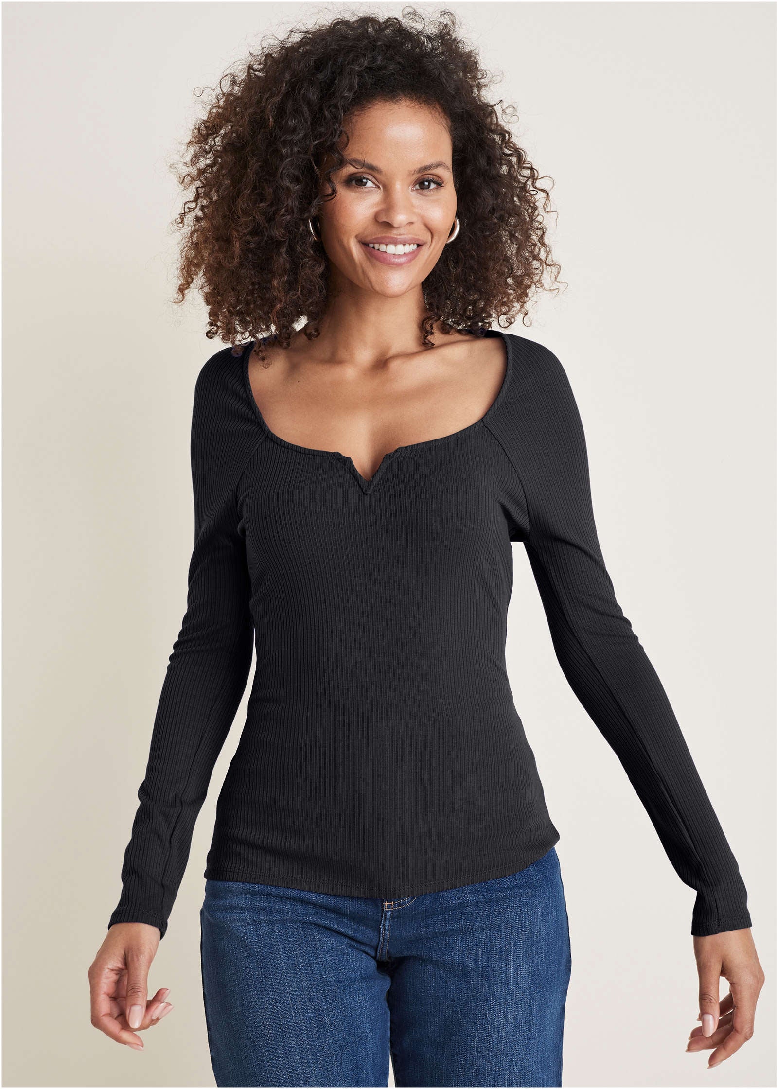 Deep Scoop Neck Ribbed Top Jet Black
