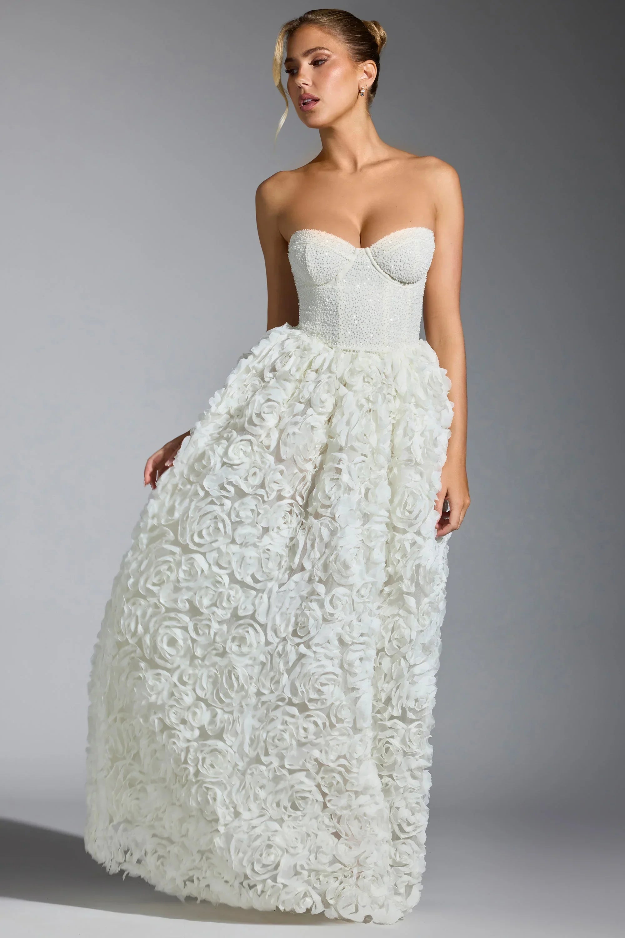 Embellished Floral Appliqué Corset Gown in White