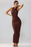 Jersey Cowl Neck Backless Maxi Dress in Espresso