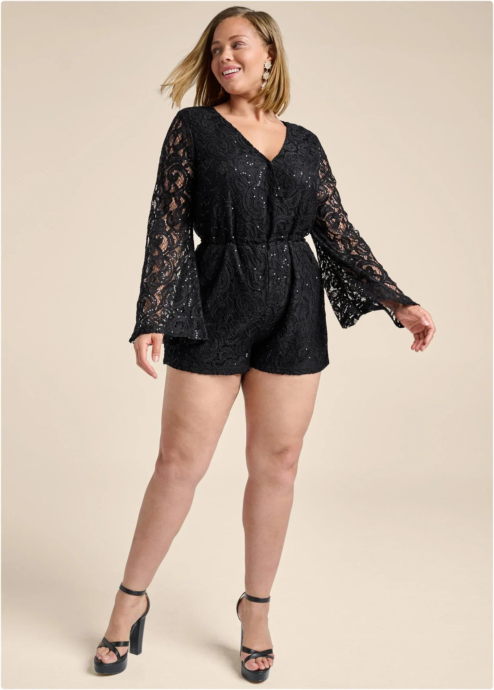 Sequin Lace Open Back Romper Black