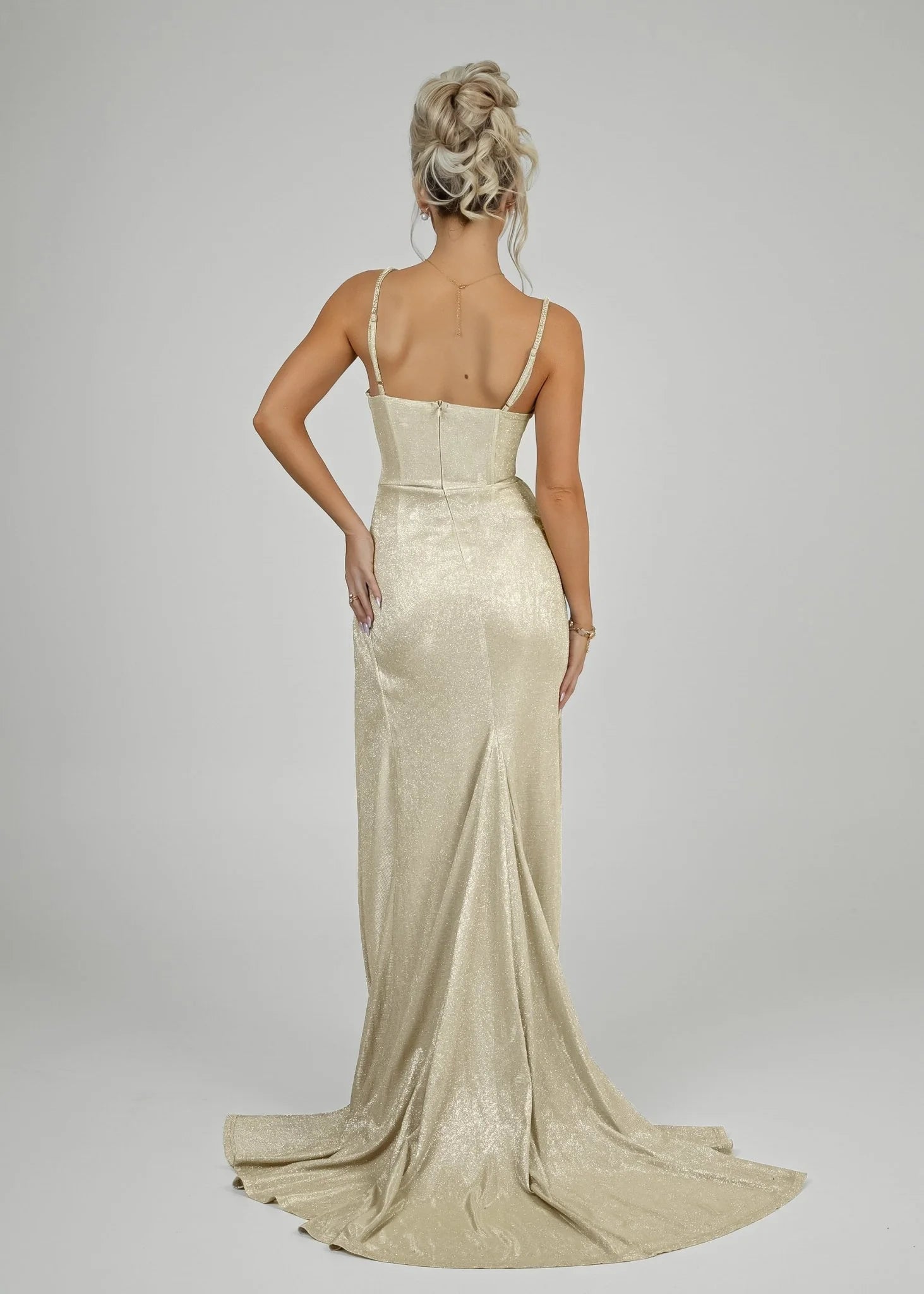 Elegant Desire Glitter Split Gown Champagne Glitter