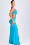 Ruffle Appliqué Cut Out Maxi Dress in Aqua Blue