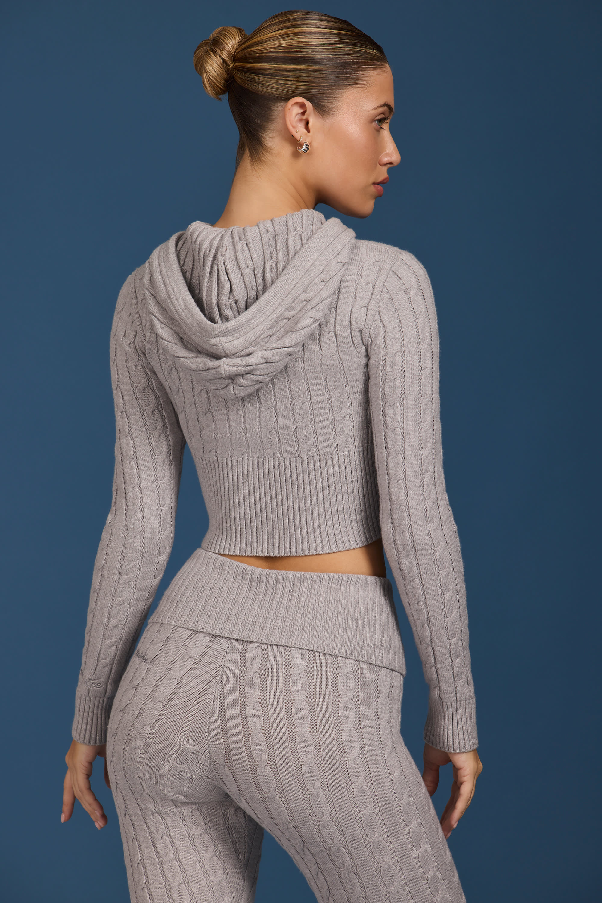 Cable Knit Zip Up Hoodie in Grey Marl