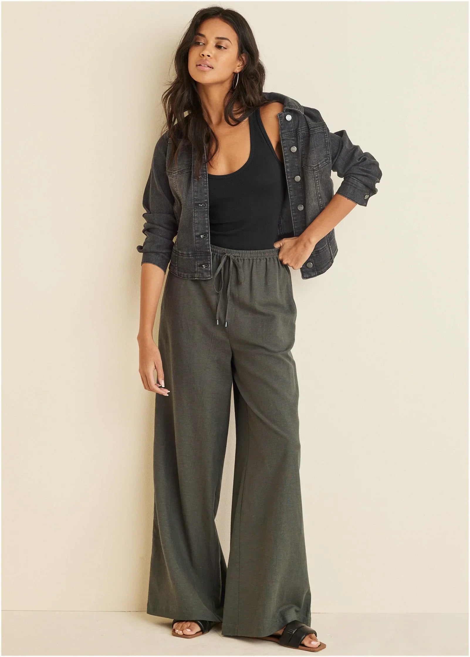 Linen Wide Leg Pants Olive