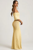 Bouclé Off Shoulder Maxi Dress in Yellow