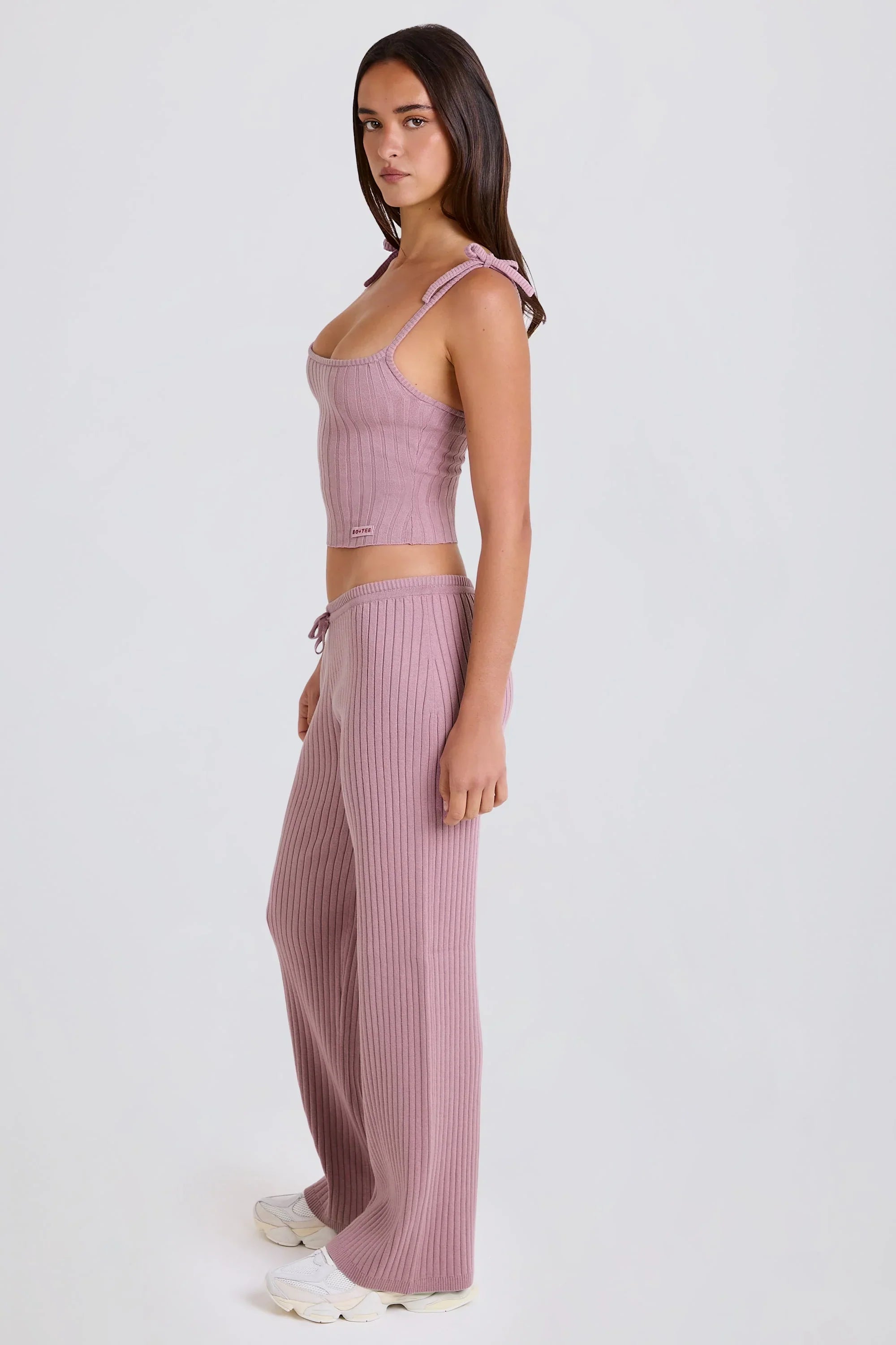 Ribbed Knit Wide Leg Joggers in Mauve