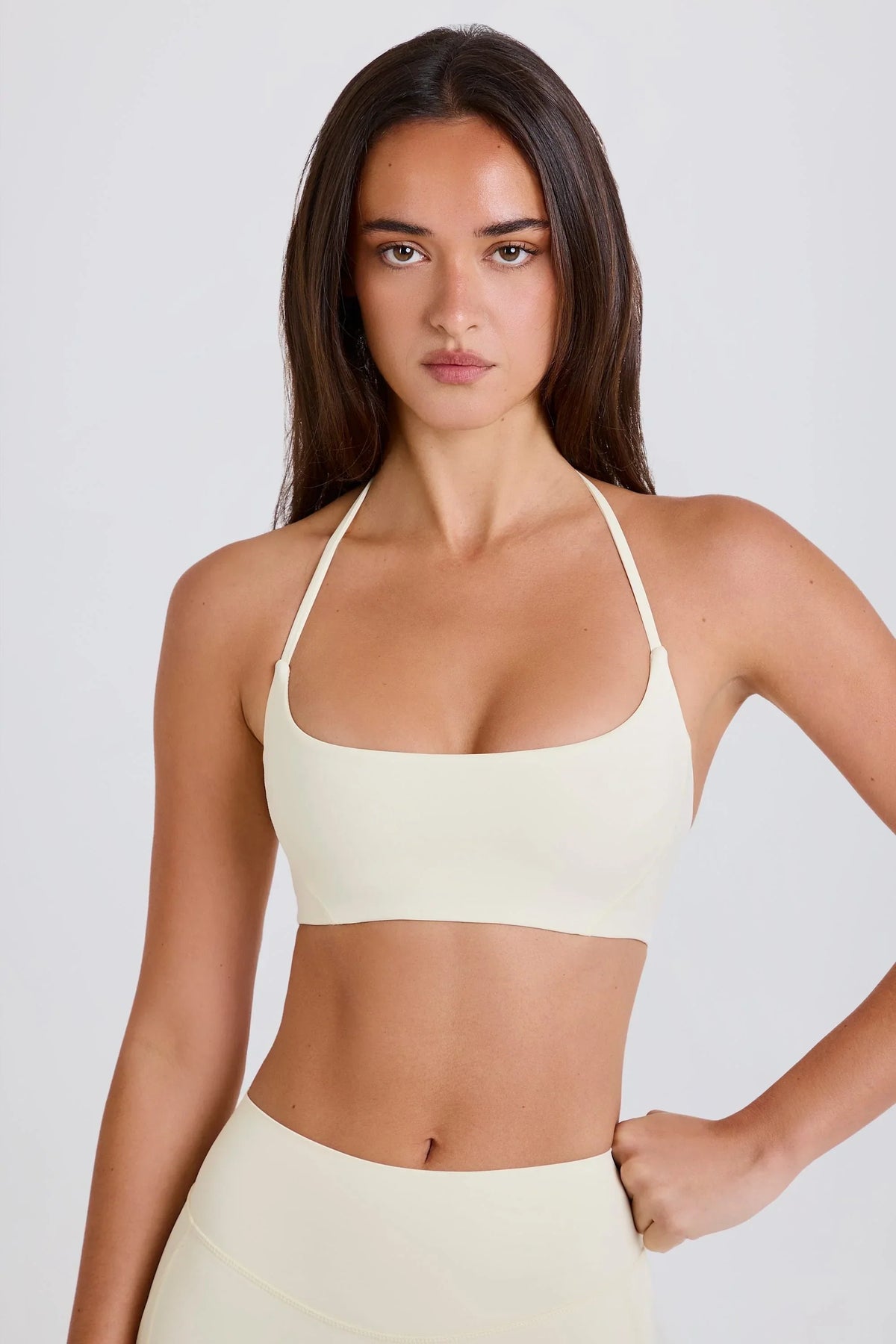 Scoop Neck Halterneck Sports Bra in Cream