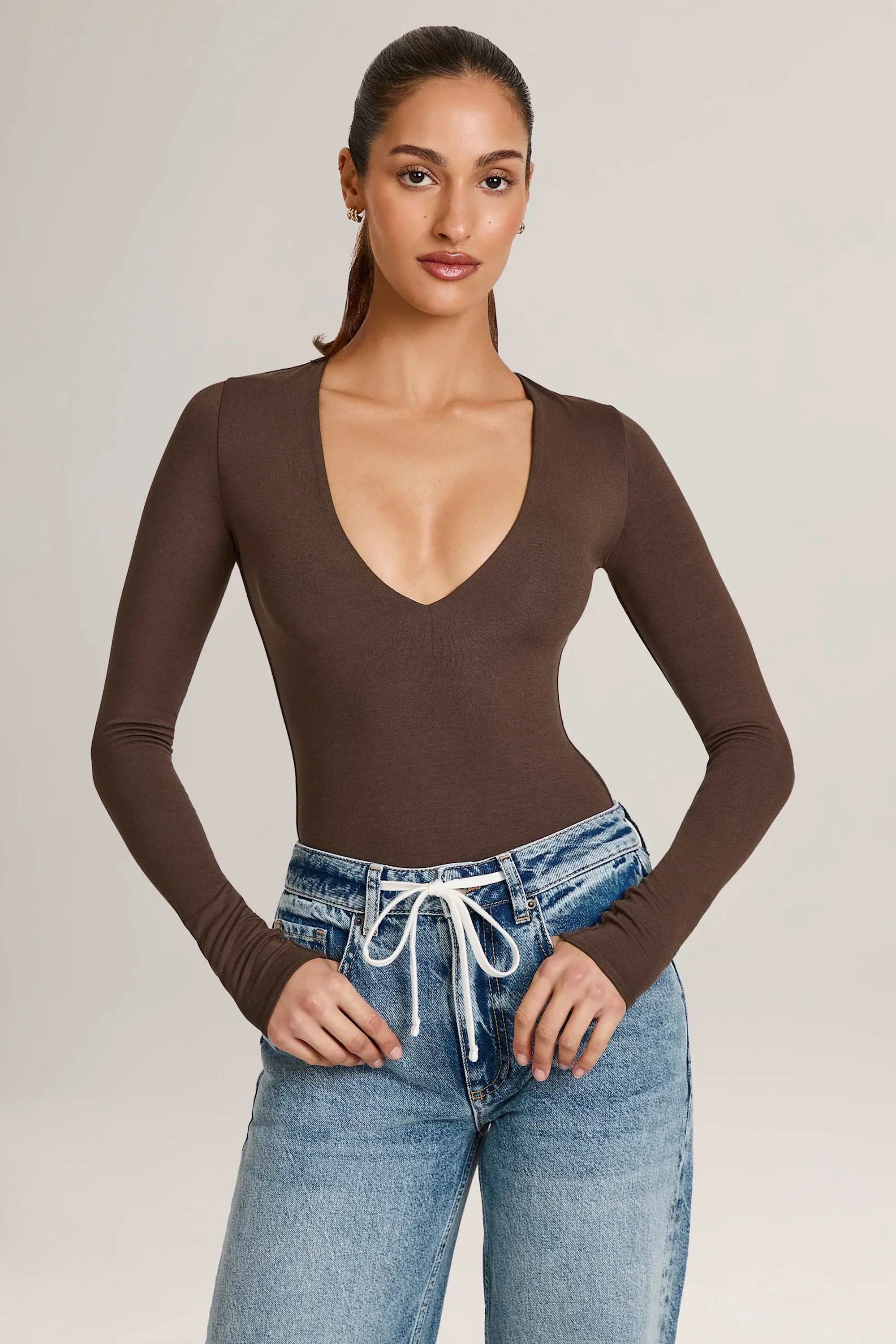 Modal Plunge Long Sleeve Bodysuit in Chocolate Brown