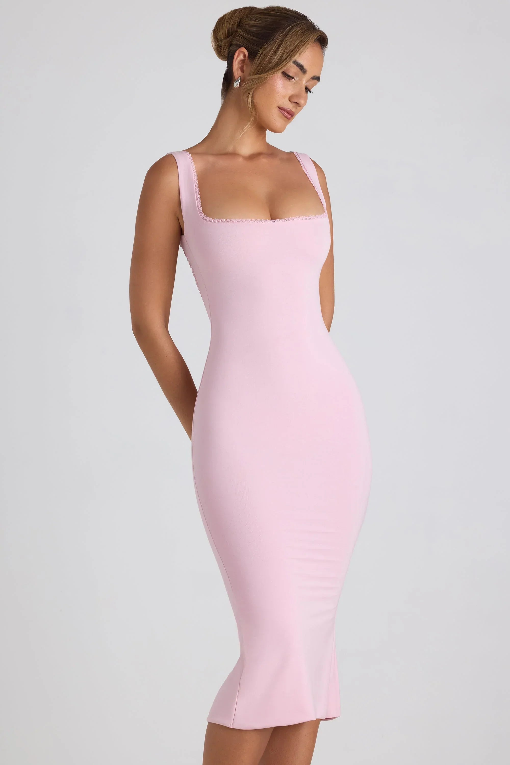 Modal Lace Trim Midaxi Dress in Soft Pink