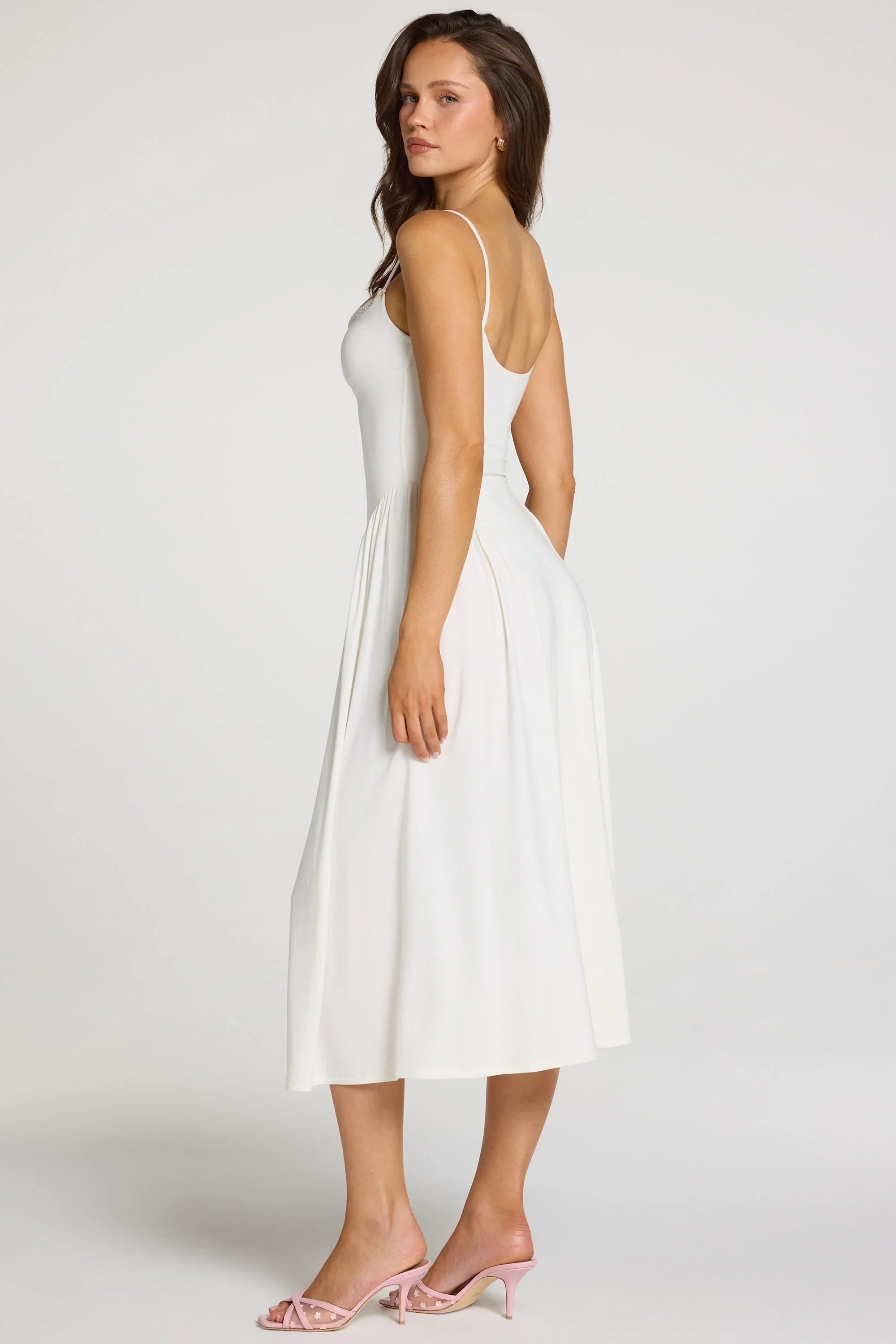 Modal Lace Trim Midaxi Dress in White