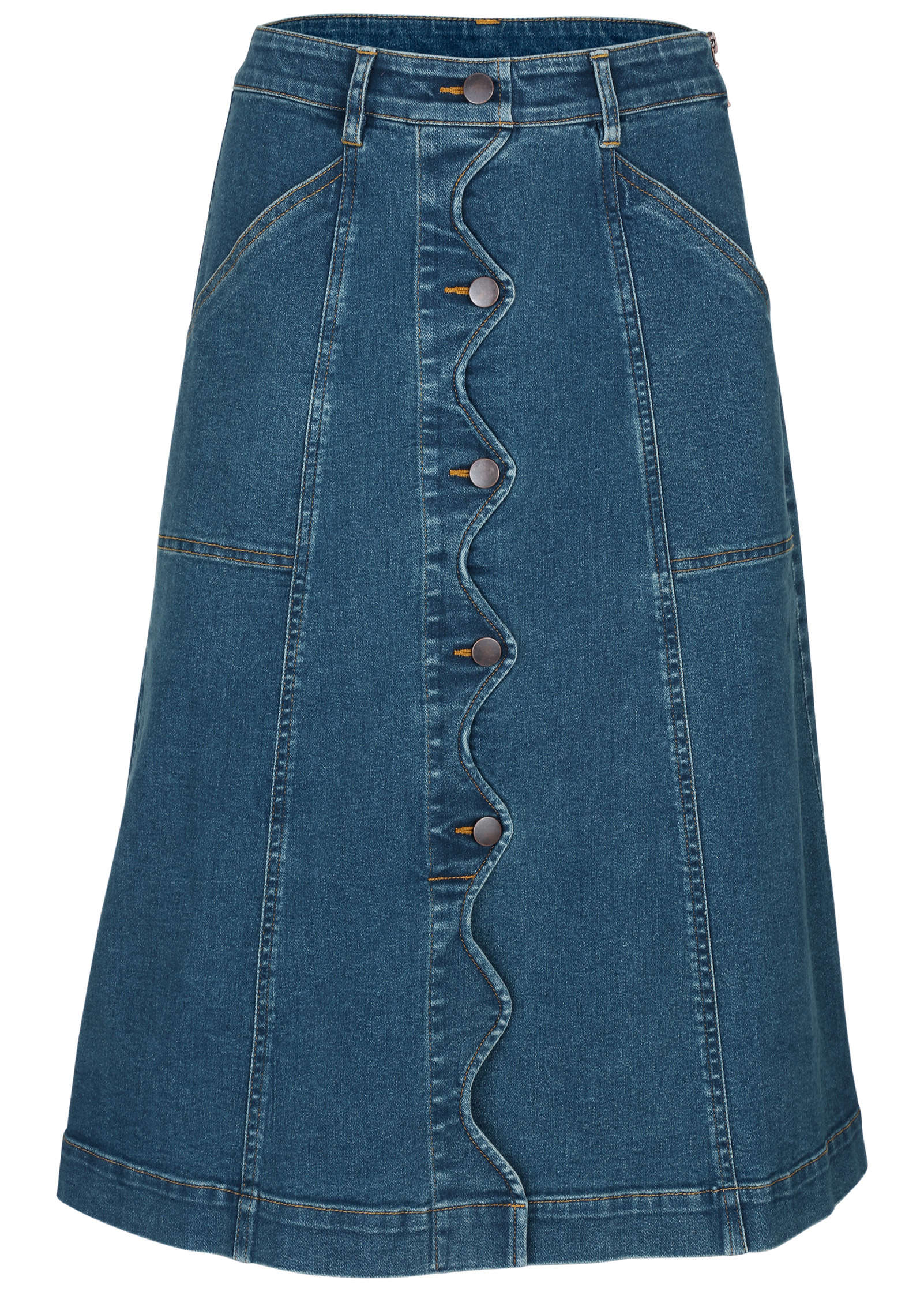 Wavy Denim Midi Skirt Medium Wash