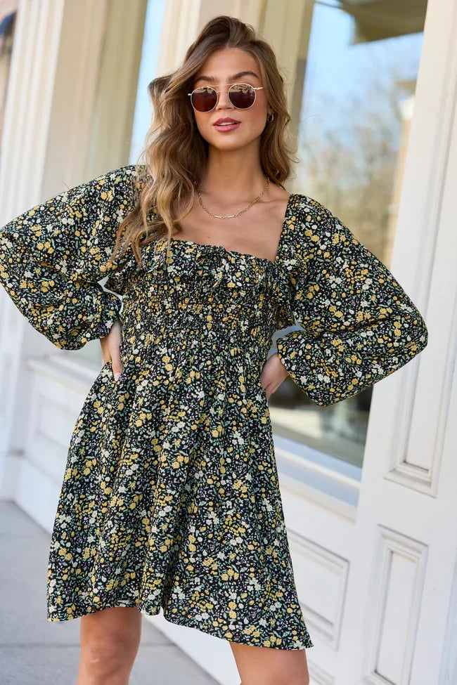 Sophia Black Floral Smocked Top Dress