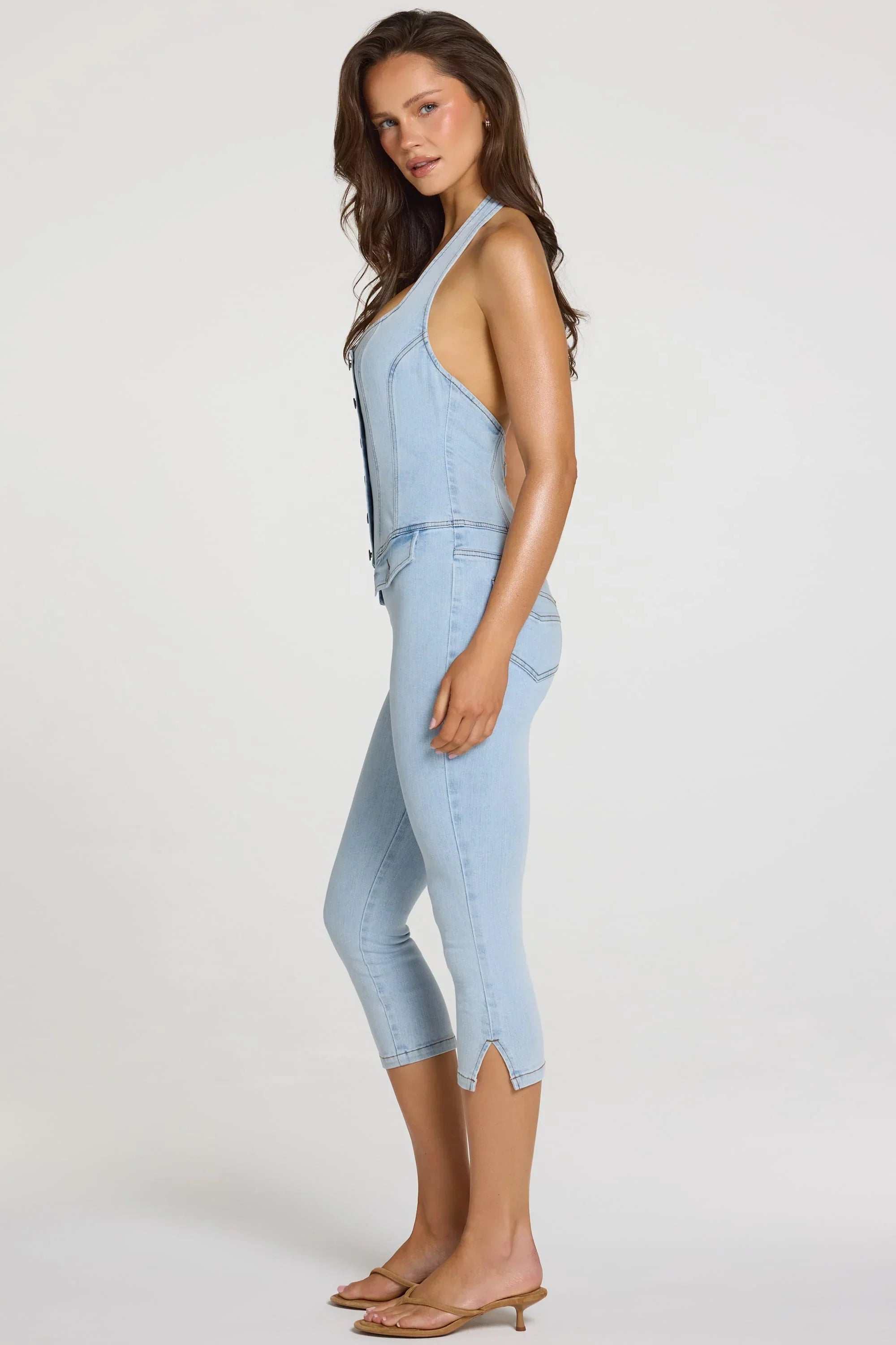 Denim Capri Jumpsuit in Light Denim