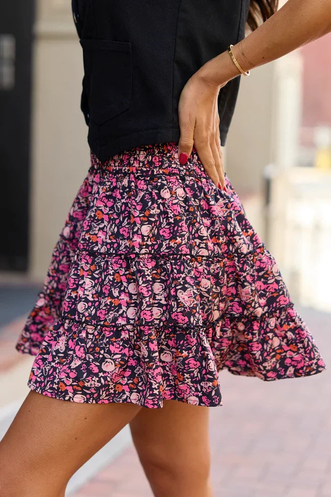 Through The Garden Black Pink Floral Mini Skort
