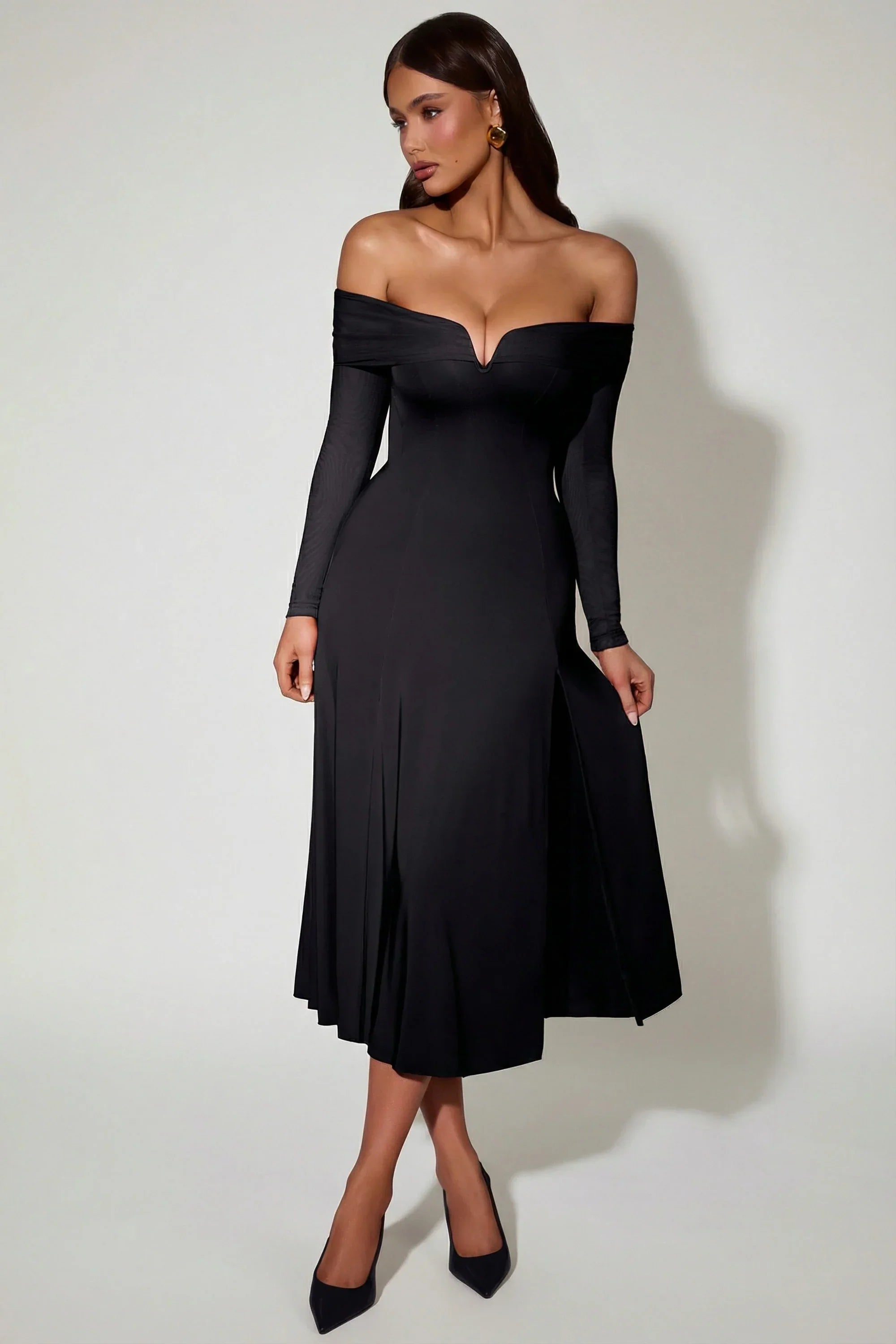 Off Shoulder Lace Up A Line Midaxi Dress in Black