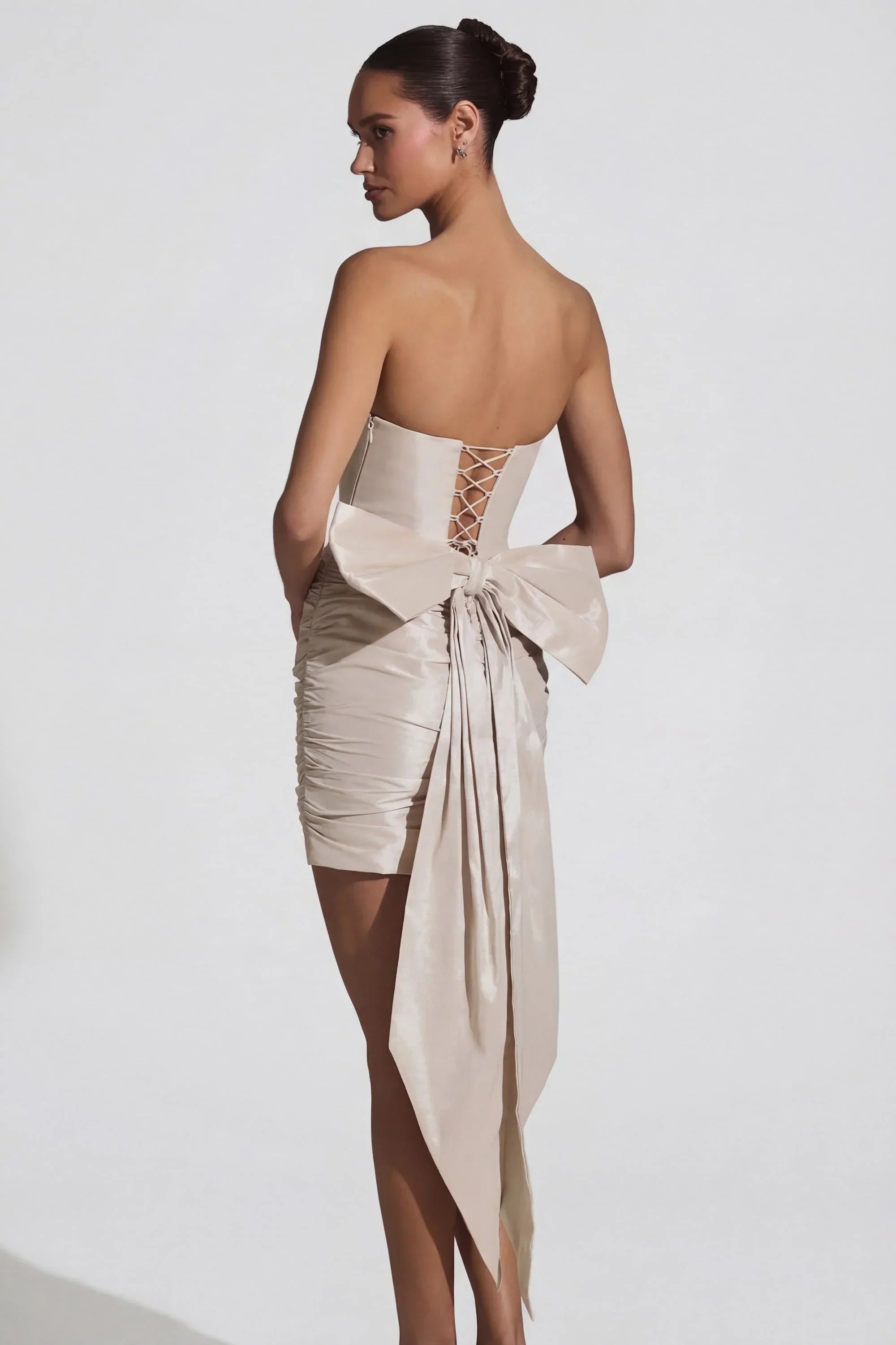 Satin Bow Detail Strapless Mini Dress in Ivory
