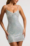 Embellished V neck A Line Mini Dress in Silver