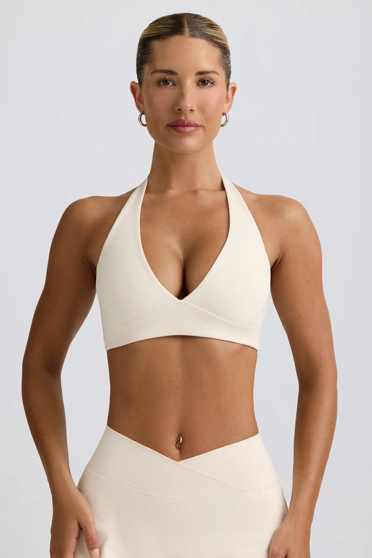 Brushed Jersey V Neck Sports Bra in Vanilla