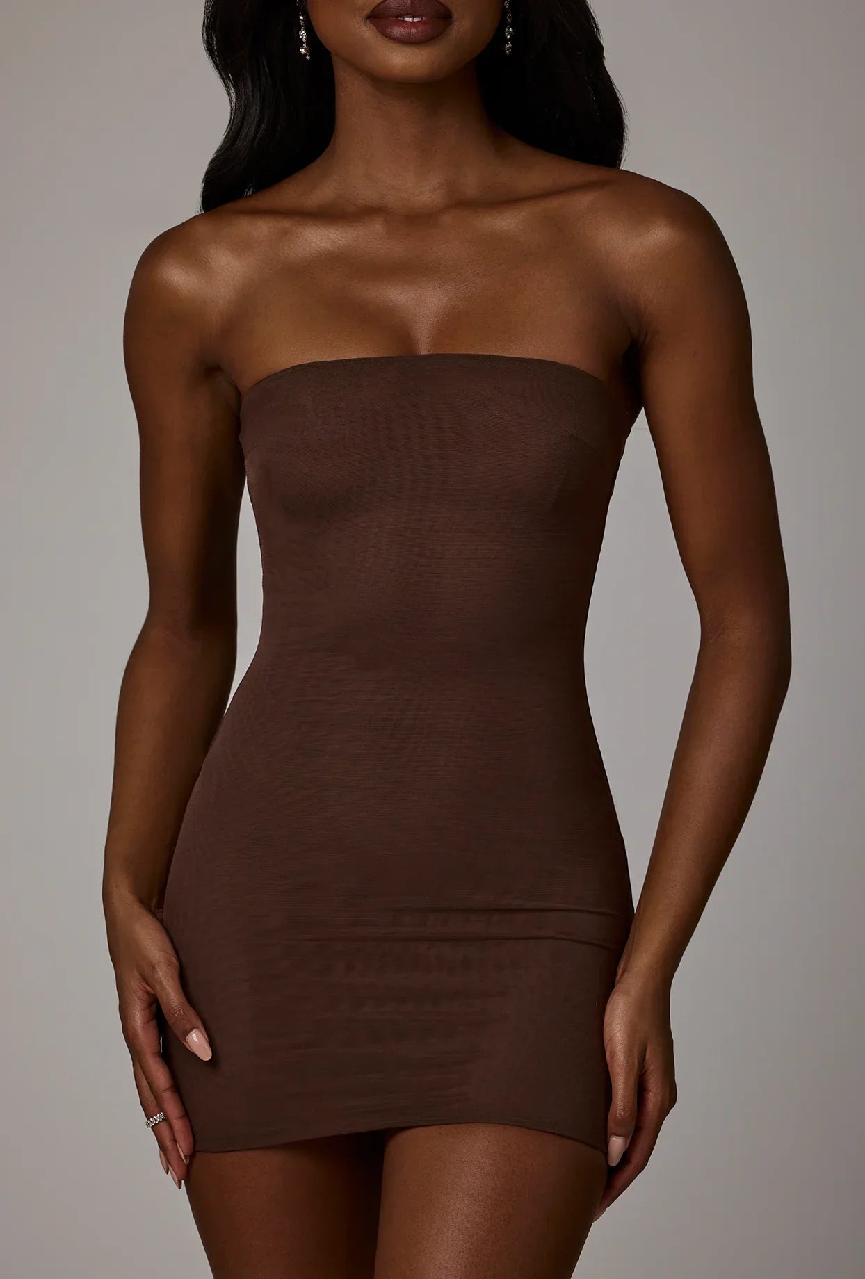 Soft Sheer Mesh Bandeau Mini Slip Dress in Deep Cocoa
