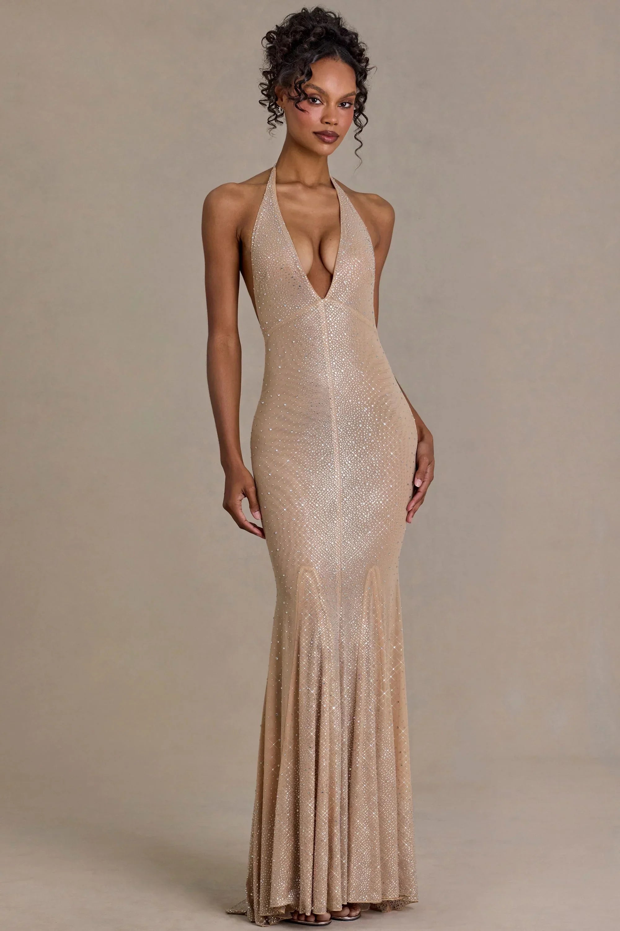 Embellished Plunge Neck Open Back Gown in Beige Gold