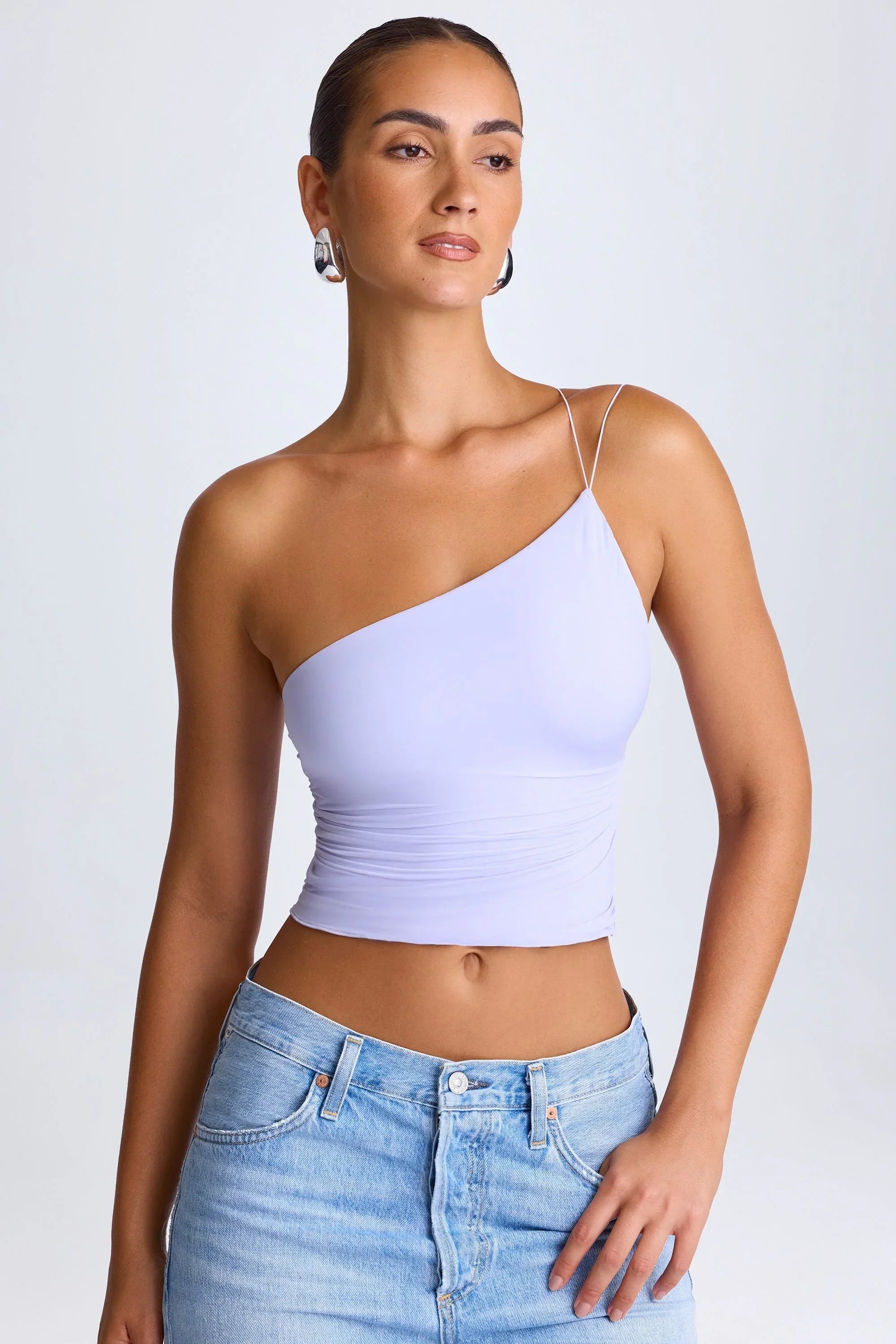 One Shoulder Lace Up Top in Soft Lilac