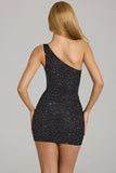 Embellished One Shoulder Mini Dress in Black
