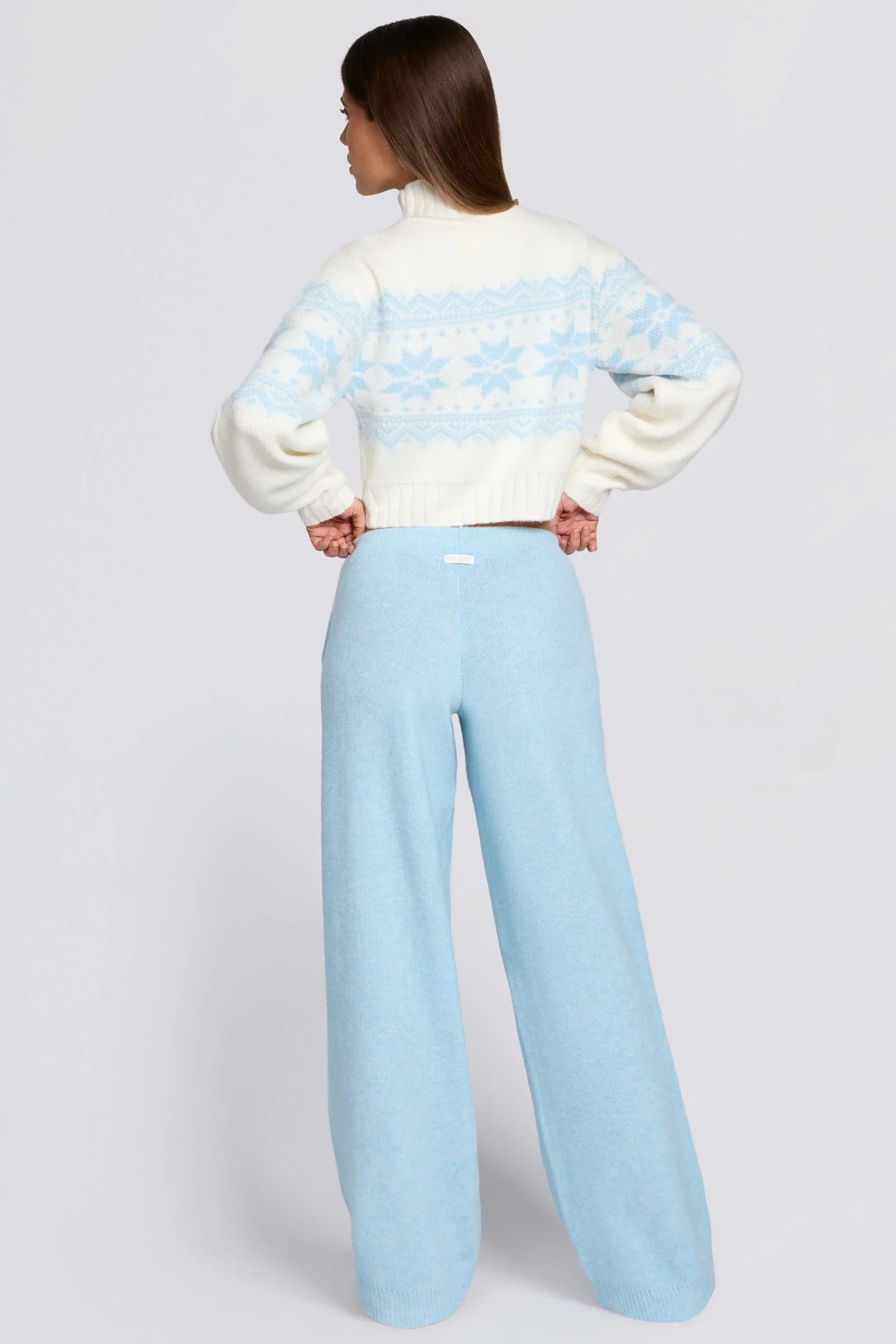 Knit Mid Rise Wide Leg Joggers in Powder Blue