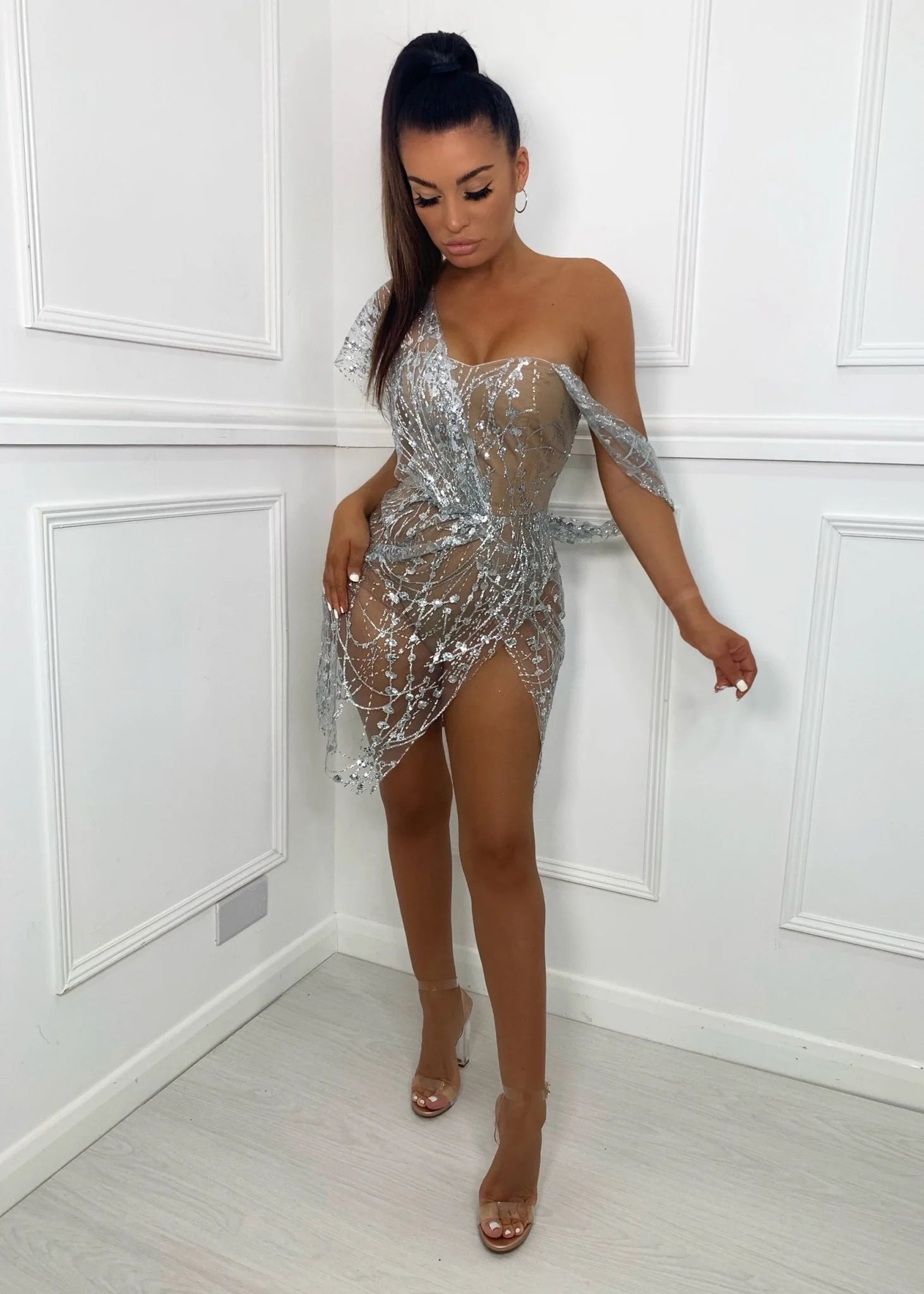 Sparkle Delight Glitter Mesh Dress Silver