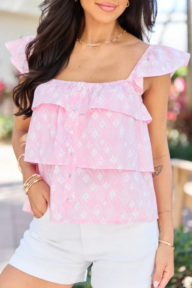Wonderful Wildflowers Pink Print Button Front Tiered Tank