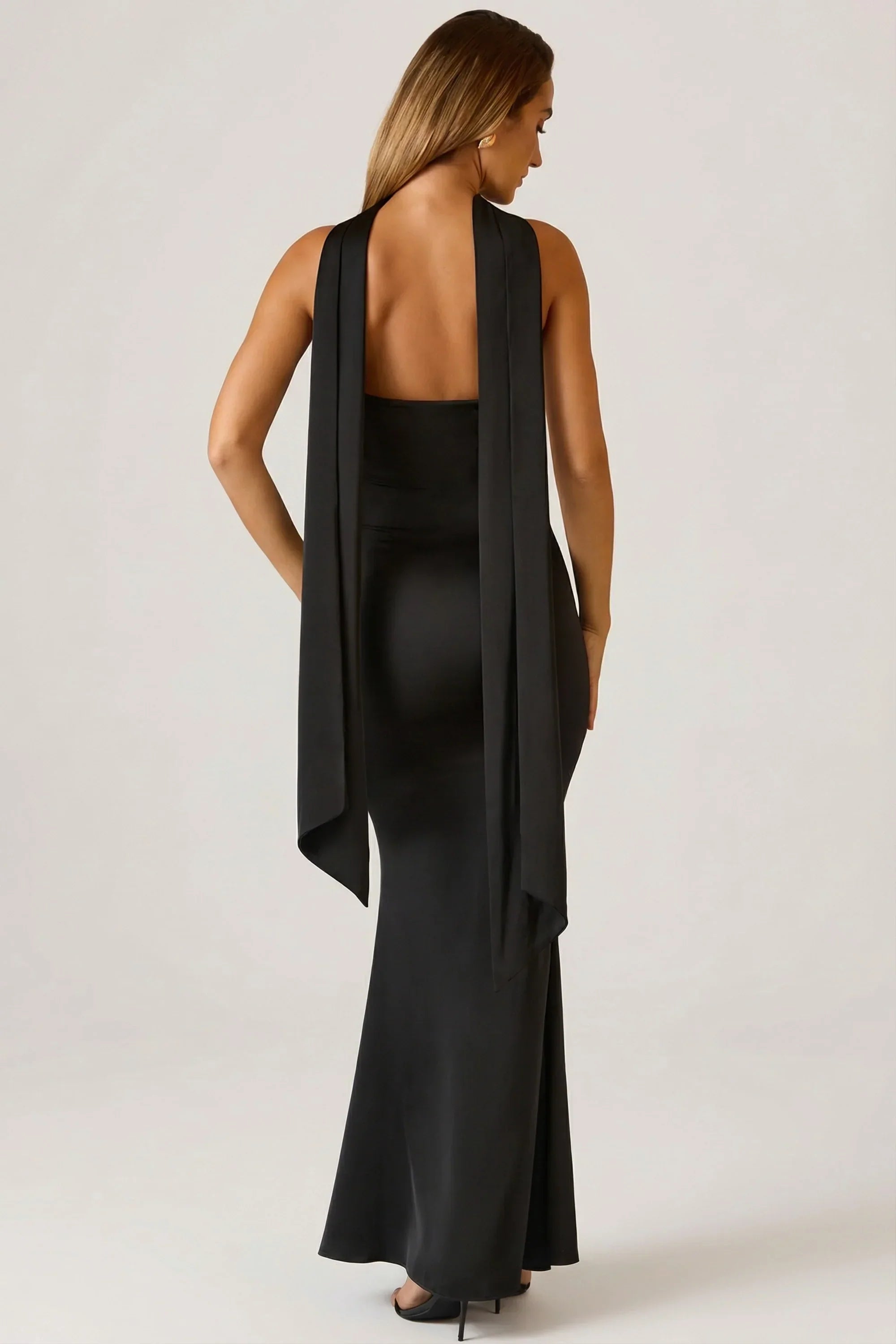 Scarf Detail Strapless Gown in Black