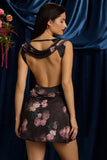 Draped Open Back A Line Mini Dress in Black Floral Print