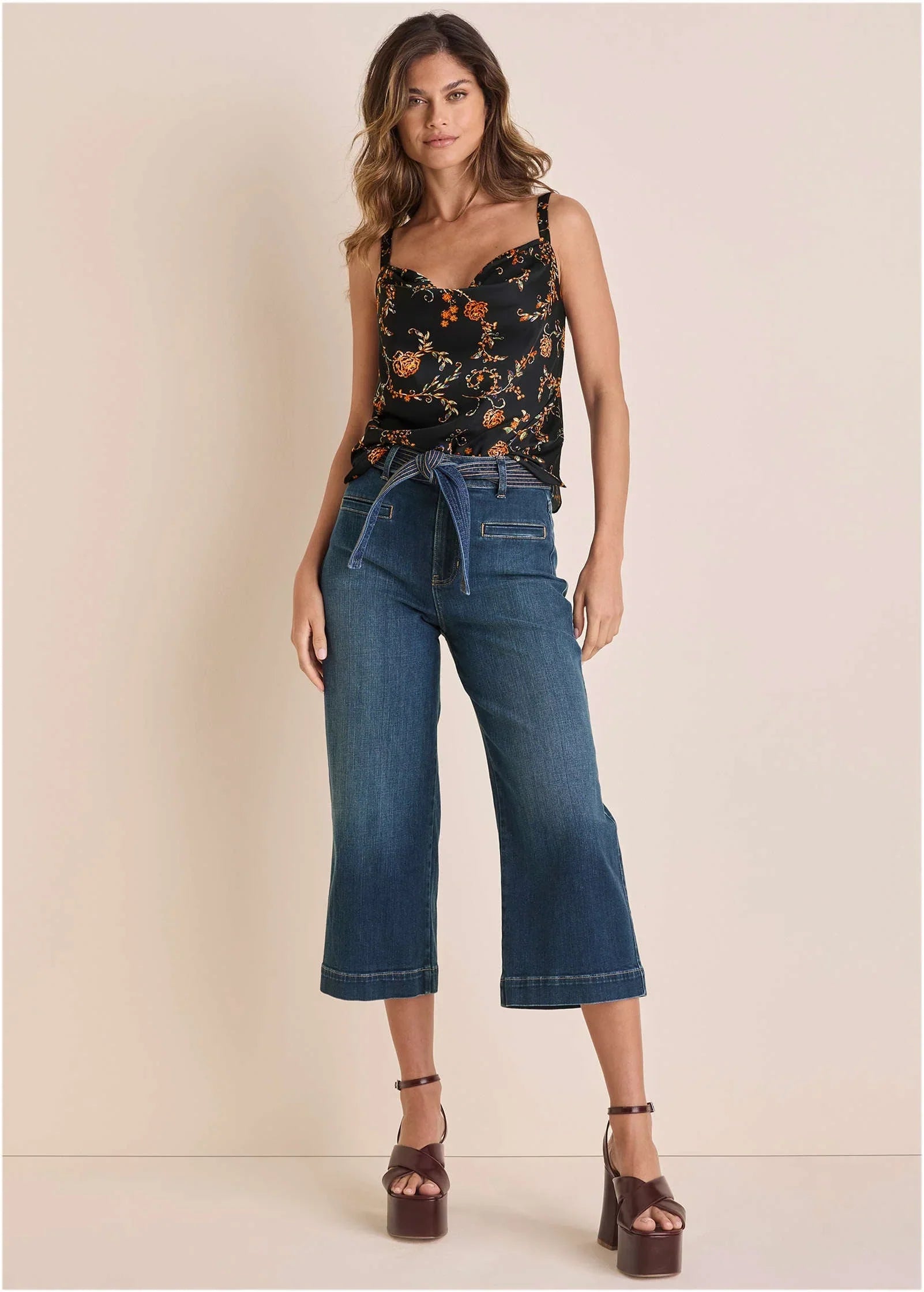 Belted Wide Leg Crop Jean Dark Wash