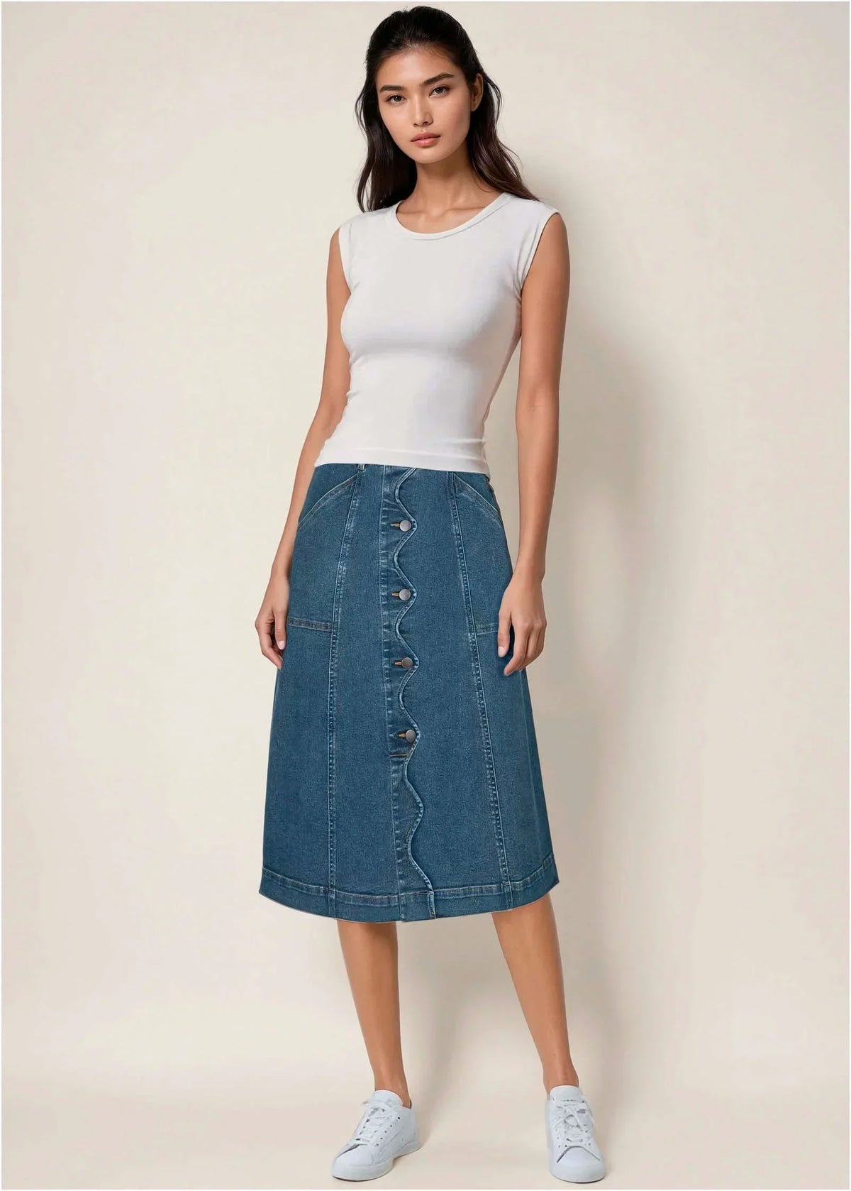 Wavy Denim Midi Skirt Medium Wash