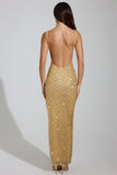 Embellished Scoop Neck Thigh Split Maxi Dress in Gold