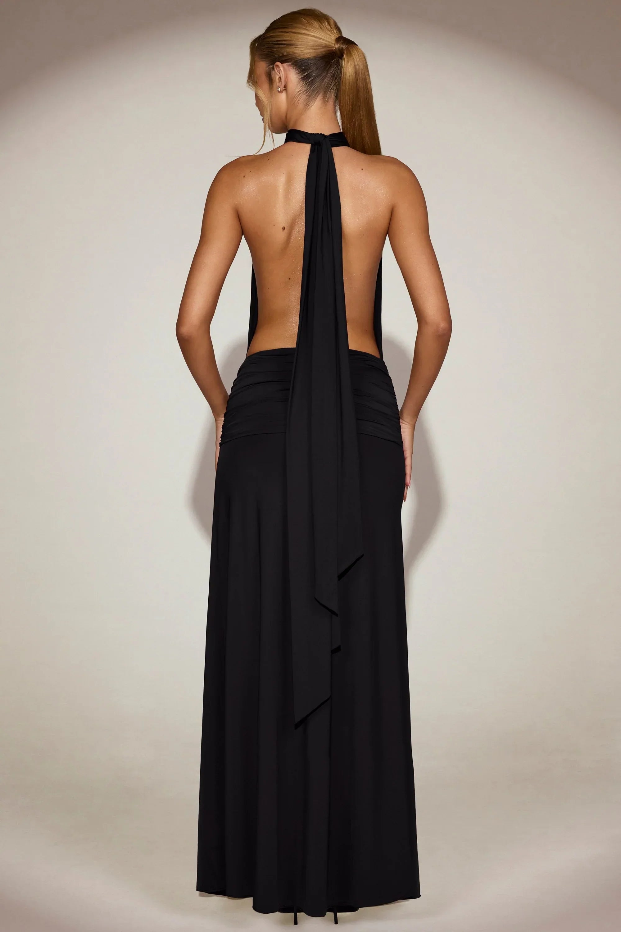 Soft Jersey Halterneck Backless Maxi Dress in Black