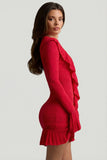 Ruffle Trim Pointelle Knit Mini Dress in Scarlet Red