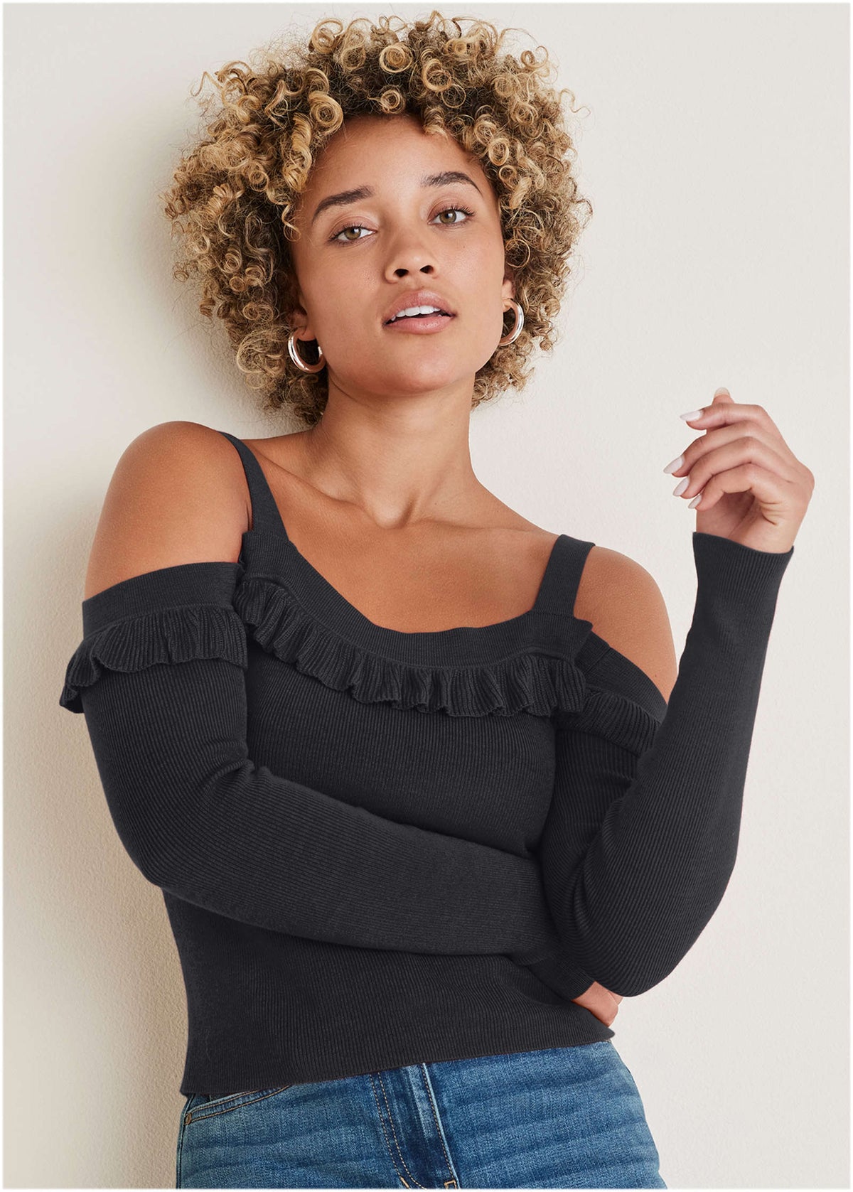Cold Shoulder Ruffle Top Jet Black