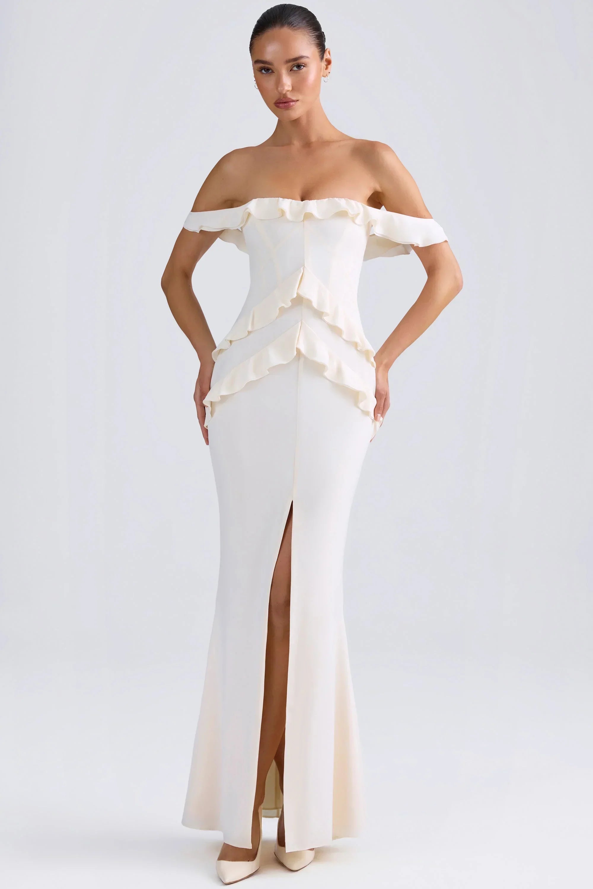 Off Shoulder Ruffle Trim Gown in Ivory